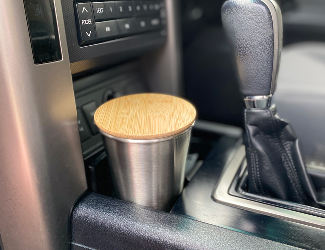 With Bamboo and Stainless Steel lid in car ECOtanka Stainless Steel Coffee Cup